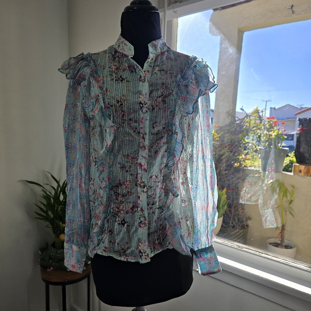 HEMANT & NANDITA Pastel Blue Floral Ruffle Front Blouse